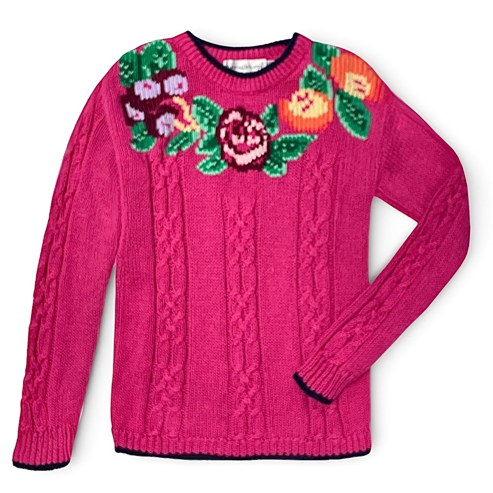 Eagle’s Eye Vtg 90s Girls Pink Floral Embroidered Cable Knit Sweater Size 10/12